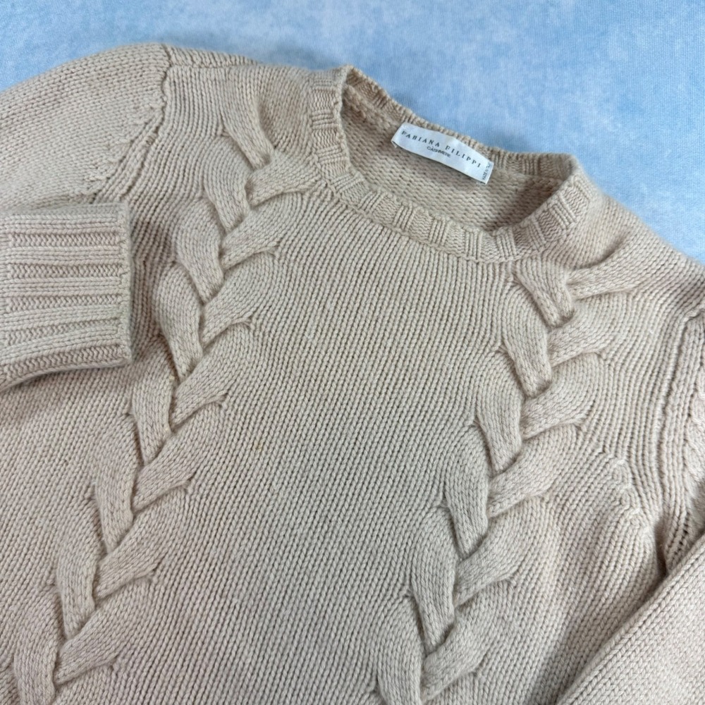 Fabiana Filippi Sweater Womens M Beige Good Cashmere Cable Knit Crew Neck Italy